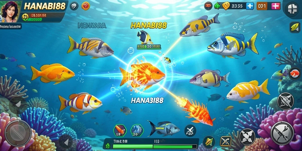 Tampilan dinamis gameplay Tembak Ikan HANABI88 yang mengasyikkan.