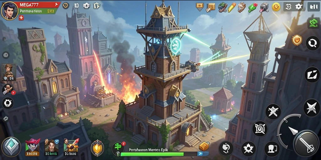 Tangkapan layar gameplay MEGA777 dengan aksi pertahanan menara yang mendebarkan.