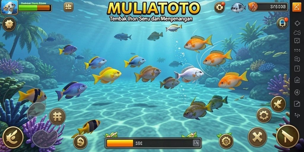 Tampilan gameplay seru di MULIATOTO dengan berbagai ikan yang bisa ditangkap.
