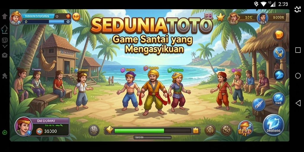 Tampilan gameplay SEDUNIATOTO yang ceria dan penuh warna.