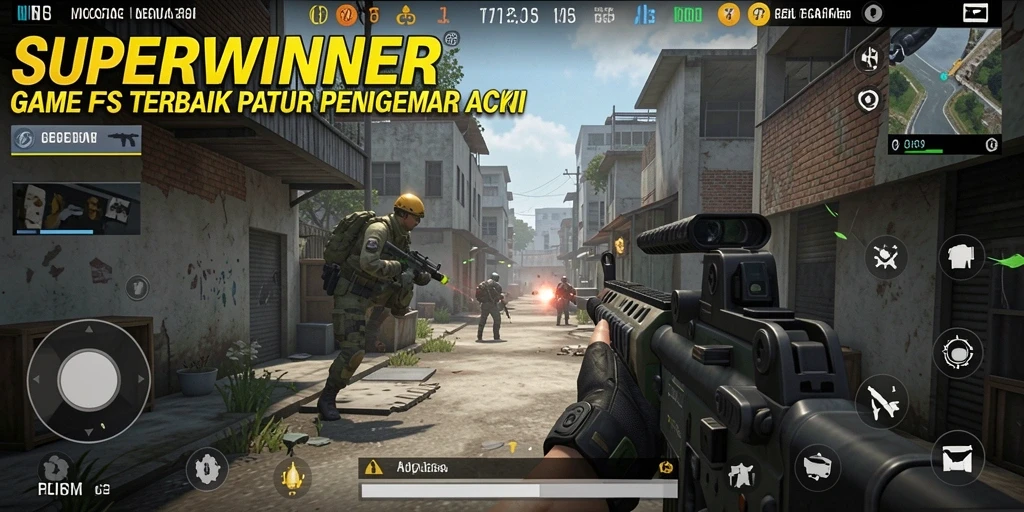 Screenshot SUPERWINNER menampilkan pertempuran sengit dengan latar belakang yang detail.