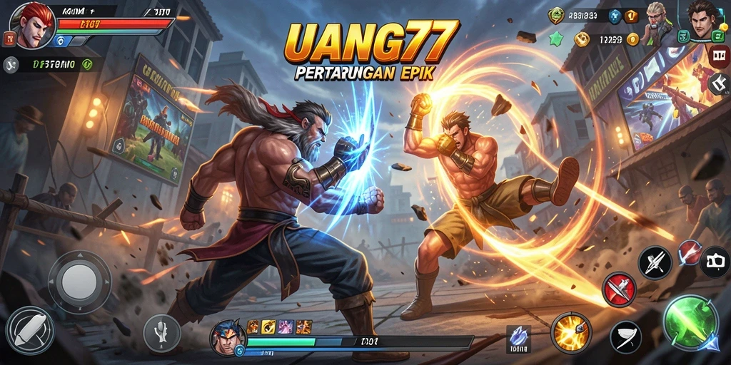 Screenshot permainan UANG77 menampilkan karakter bertarung di arena.